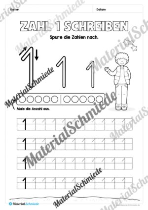 Arbeitsheft: Zahl 1 schreiben lernen (20 Arbeitsblätter) – Arbeitsblatt 03 Arbeitsheft: Zahl 1 schreiben lernen (20 Arbeitsblätter) – Arbeitsblatt 03
