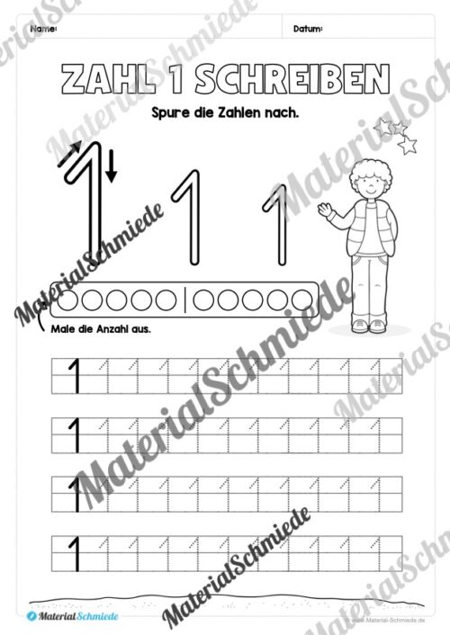 Arbeitsheft: Zahl 1 schreiben lernen (20 Arbeitsblätter) - Arbeitsblatt 03