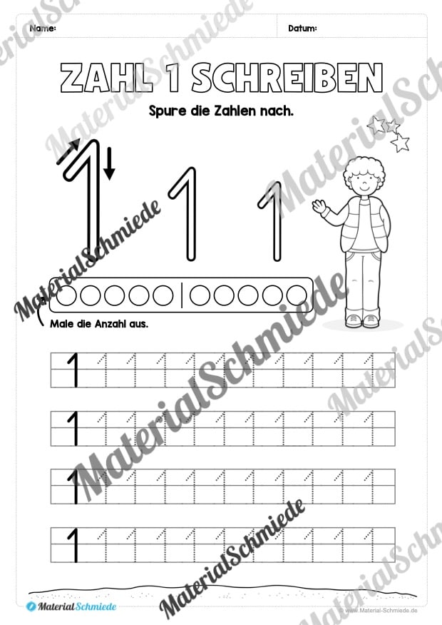 Arbeitsheft: Zahl 1 schreiben lernen (20 Arbeitsblätter) – Arbeitsblatt 03 Arbeitsheft: Zahl 1 schreiben lernen (20 Arbeitsblätter) – Arbeitsblatt 03