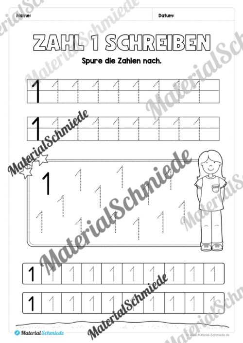 Arbeitsheft: Zahl 1 schreiben lernen (20 Arbeitsblätter) - Arbeitsblatt 04