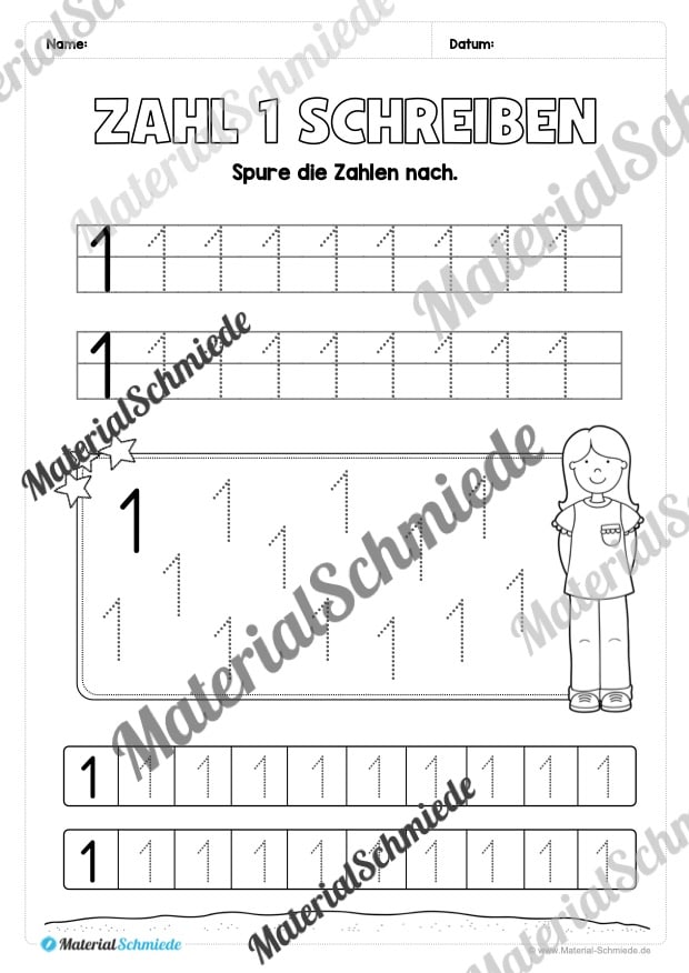 Arbeitsheft: Zahl 1 schreiben lernen (20 Arbeitsblätter) – Arbeitsblatt 04 Arbeitsheft: Zahl 1 schreiben lernen (20 Arbeitsblätter) – Arbeitsblatt 04