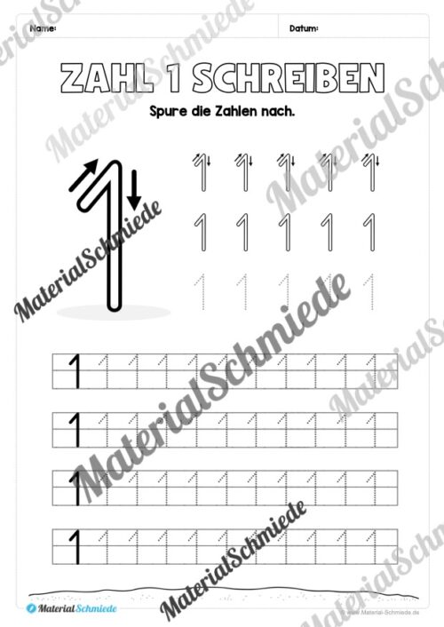 Arbeitsheft: Zahl 1 schreiben lernen (20 Arbeitsblätter) - Arbeitsblatt 05