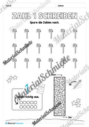 Arbeitsheft: Zahl 1 schreiben lernen (20 Arbeitsblätter) – Arbeitsblatt 06 Arbeitsheft: Zahl 1 schreiben lernen (20 Arbeitsblätter) – Arbeitsblatt 06