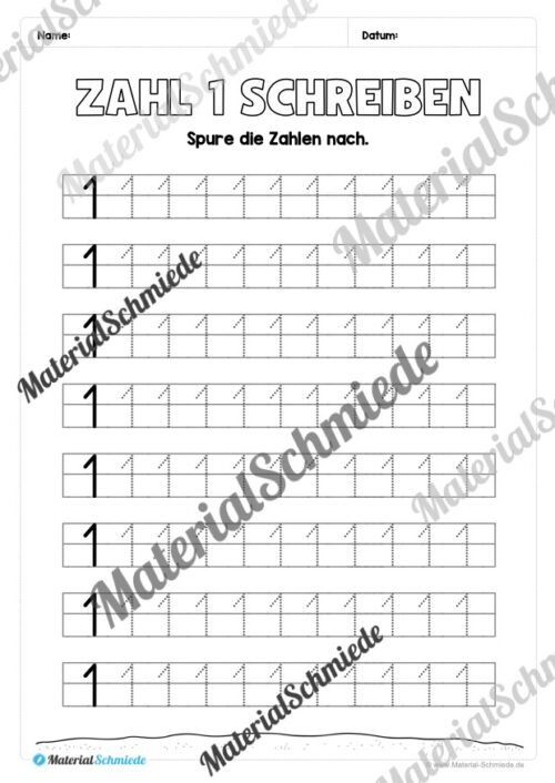 Arbeitsheft: Zahl 1 schreiben lernen (20 Arbeitsblätter) - Arbeitsblatt 10