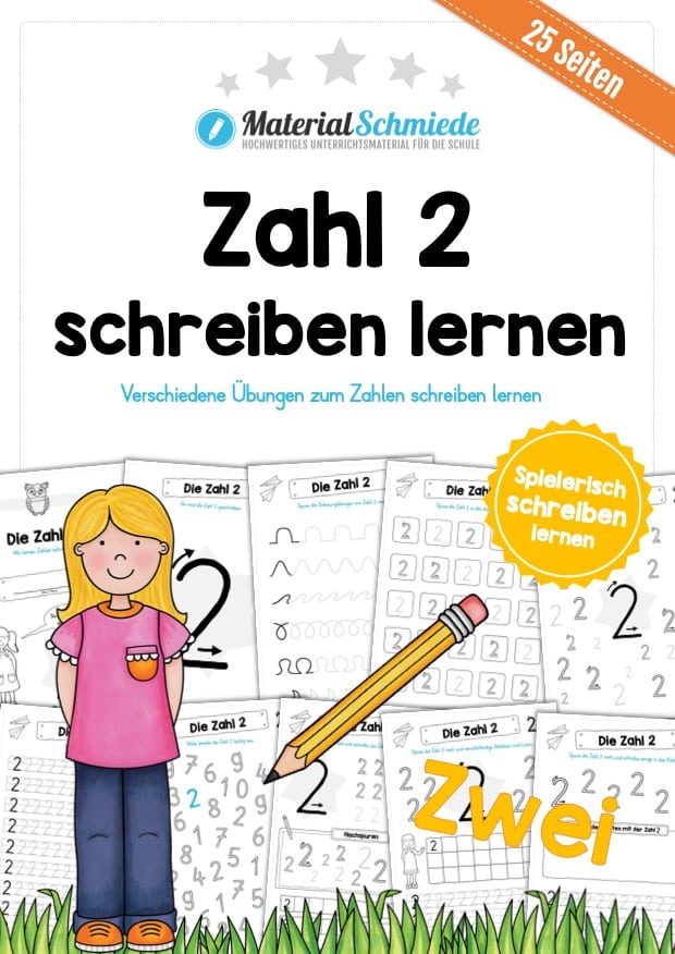 Zahl 2 schreiben lernen (25 Arbeitsblätter)