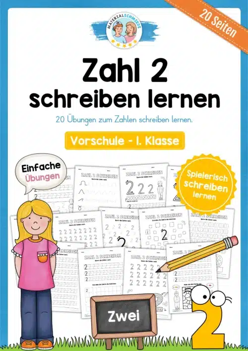 Arbeitsheft: Zahl 2 schreiben lernen (20 Arbeitsblätter)