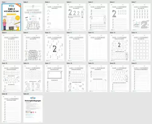Arbeitsheft: Zahl 2 schreiben lernen (20 Arbeitsblätter) - Überblick