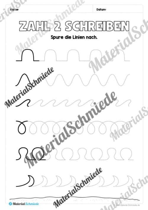 Arbeitsheft: Zahl 2 schreiben lernen (20 Arbeitsblätter) - Arbeitsblatt 02