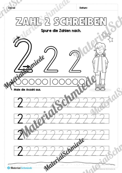 Arbeitsheft: Zahl 2 schreiben lernen (20 Arbeitsblätter) - Arbeitsblatt 03