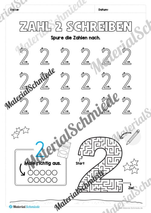 Arbeitsheft: Zahl 2 schreiben lernen (20 Arbeitsblätter) - Arbeitsblatt 06