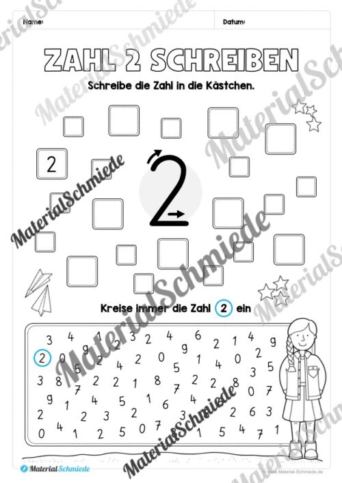 Arbeitsheft: Zahl 2 schreiben lernen (20 Arbeitsblätter) - Arbeitsblatt 08