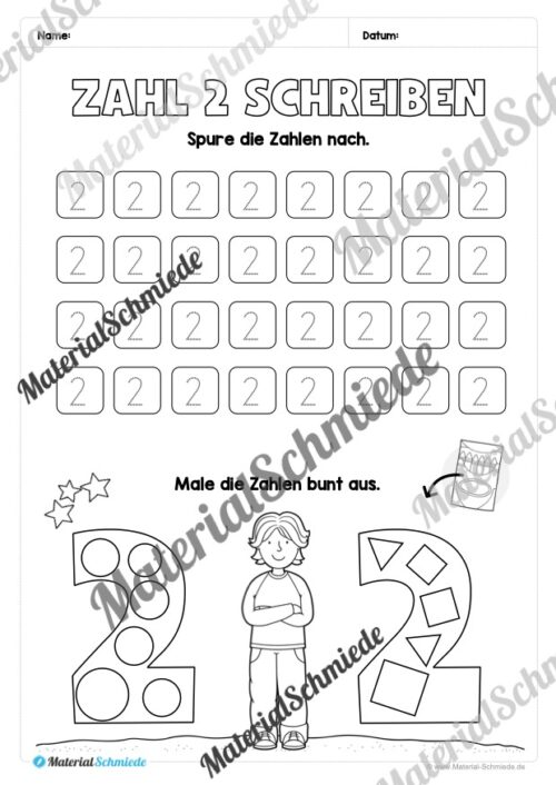 Arbeitsheft: Zahl 2 schreiben lernen (20 Arbeitsblätter) - Arbeitsblatt 09