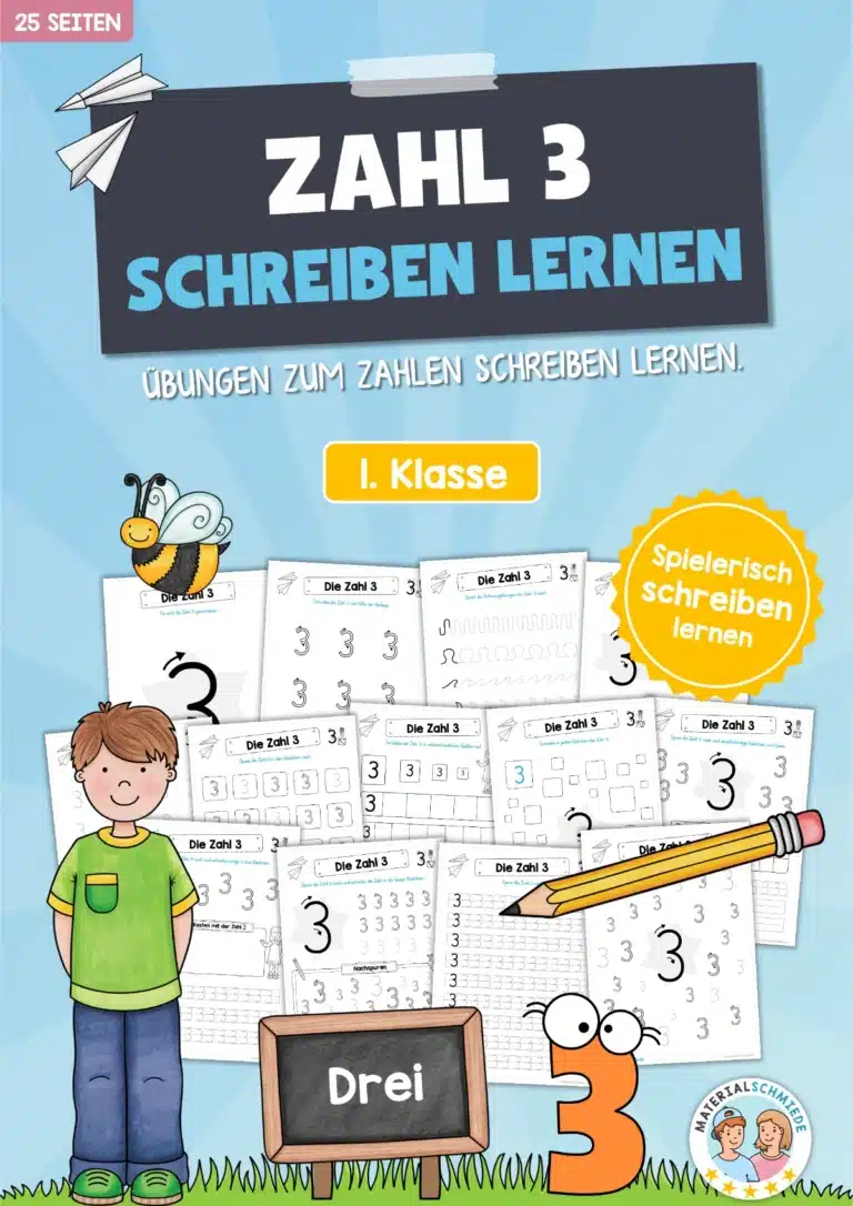 Arbeitsheft: Zahl 3 schreiben lernen (25 Arbeitsblätter)
