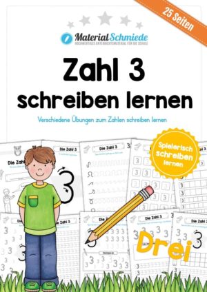 Zahl 3 schreiben lernen (25 Arbeitsblätter)