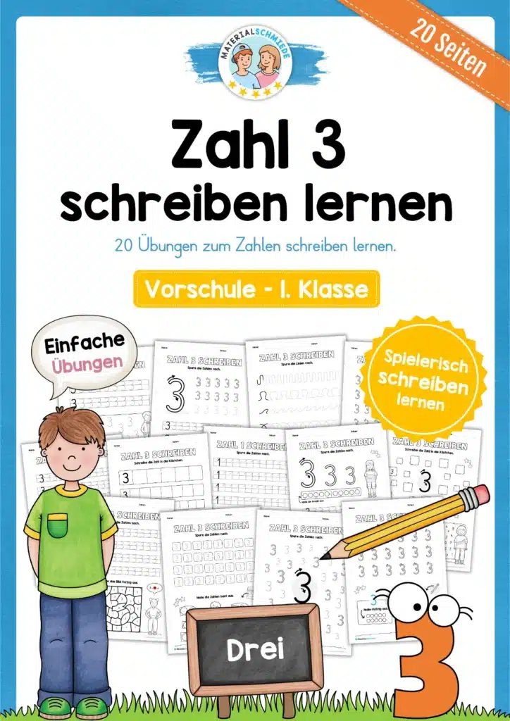 Arbeitsheft: Zahl 3 schreiben lernen (20 Arbeitsblätter)