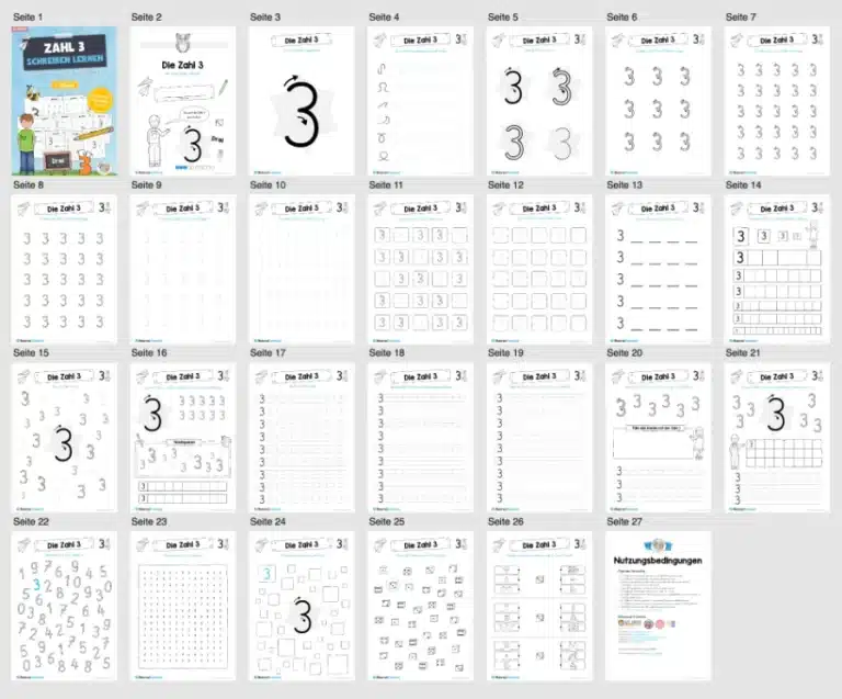 Arbeitsheft: Zahl 3 schreiben lernen (Überblick)