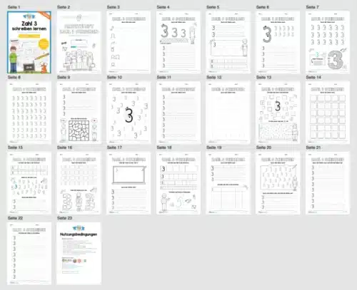 Arbeitsheft: Zahl 3 schreiben lernen (20 Arbeitsblätter) - Überblick