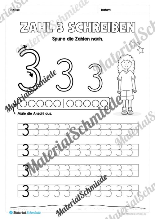 Arbeitsheft: Zahl 3 schreiben lernen (20 Arbeitsblätter) - Arbeitsblatt 03