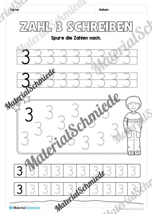 Arbeitsheft: Zahl 3 schreiben lernen (20 Arbeitsblätter) - Arbeitsblatt 04