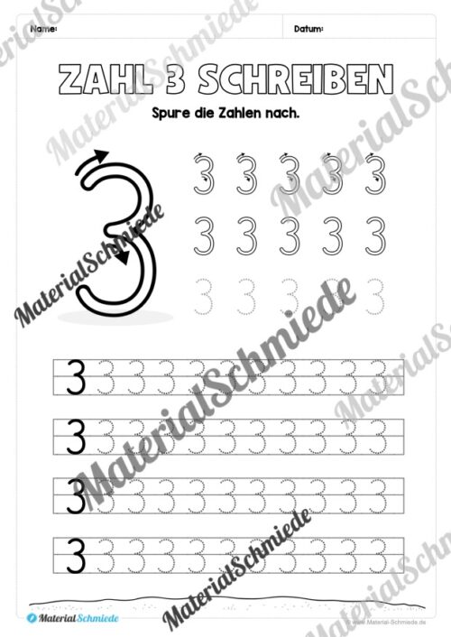 Arbeitsheft: Zahl 3 schreiben lernen (20 Arbeitsblätter) - Arbeitsblatt 05