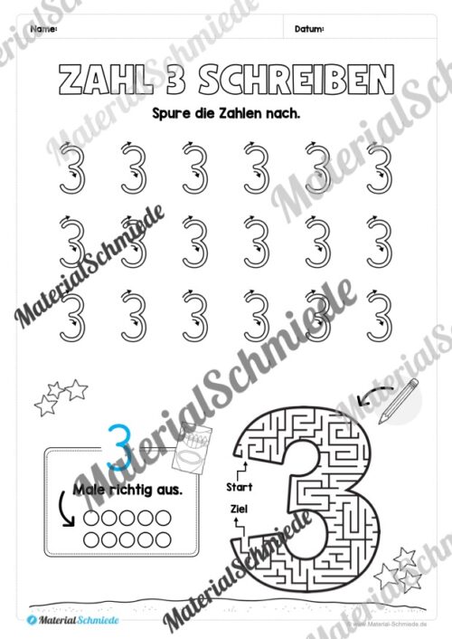 Arbeitsheft: Zahl 3 schreiben lernen (20 Arbeitsblätter) - Arbeitsblatt 06