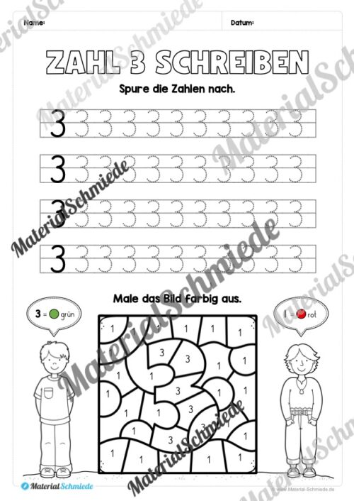 Arbeitsheft: Zahl 3 schreiben lernen (20 Arbeitsblätter) - Arbeitsblatt 07