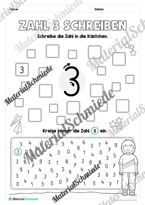 Arbeitsheft: Zahl 3 schreiben lernen (20 Arbeitsblätter) - Arbeitsblatt 09