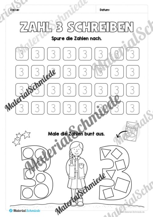 Arbeitsheft: Zahl 3 schreiben lernen (20 Arbeitsblätter) - Arbeitsblatt 10