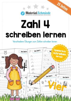 Zahl 4 schreiben lernen (25 Arbeitsblätter)