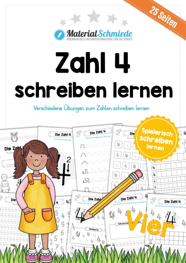 Zahl 4 schreiben lernen (25 Arbeitsblätter)