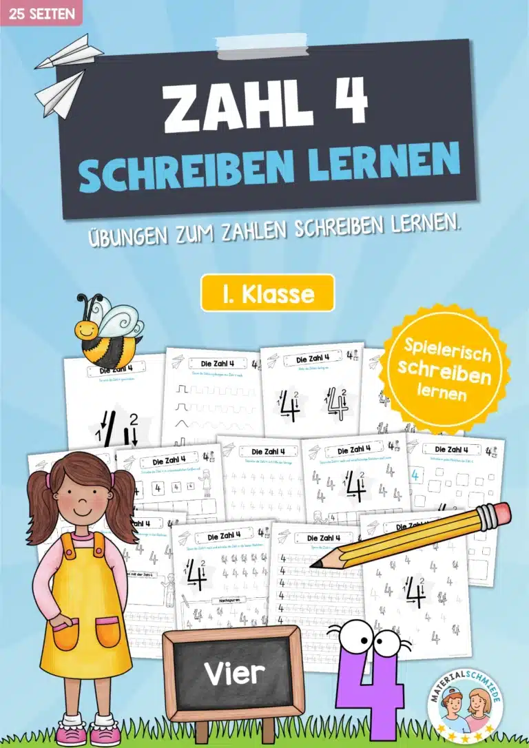 Arbeitsheft: Zahl 4 schreiben lernen (25 Arbeitsblätter)