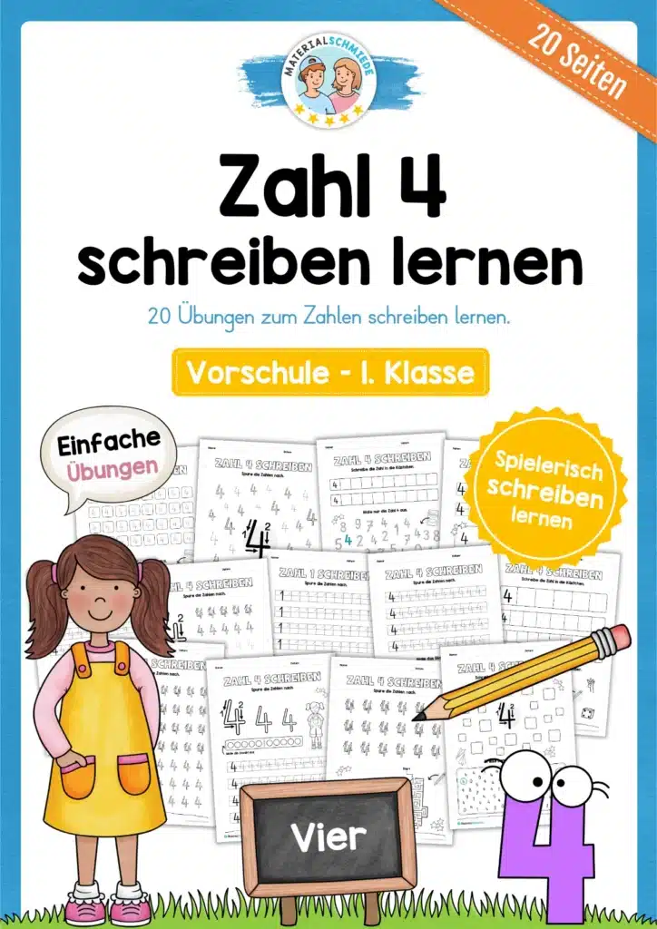 Arbeitsheft: Zahl 4 schreiben lernen (20 Arbeitsblätter)