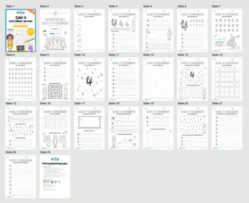 Arbeitsheft: Zahl 4 schreiben lernen (20 Arbeitsblätter) - Überblick