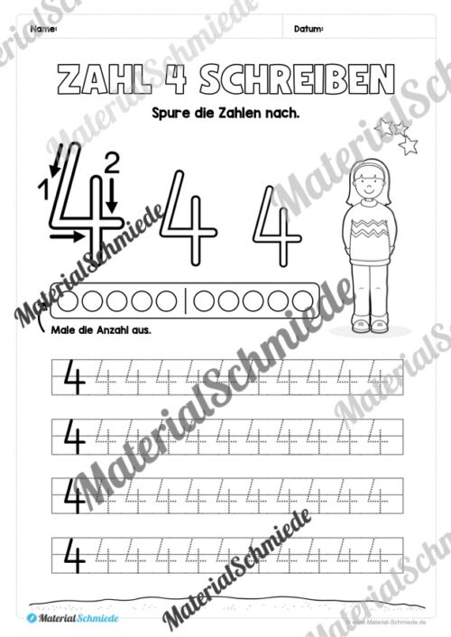 Arbeitsheft: Zahl 4 schreiben lernen (20 Arbeitsblätter) - Arbeitsblatt 03