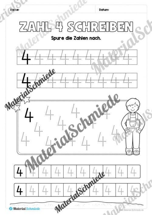 Arbeitsheft: Zahl 4 schreiben lernen (20 Arbeitsblätter) - Arbeitsblatt 04