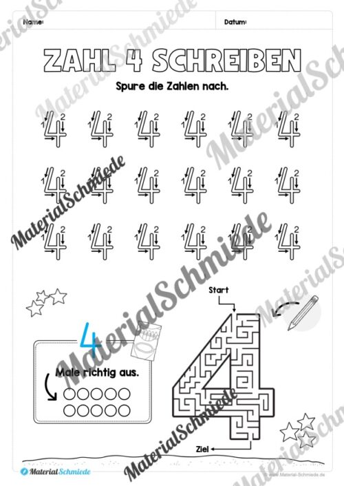 Arbeitsheft: Zahl 4 schreiben lernen (20 Arbeitsblätter) - Arbeitsblatt 06