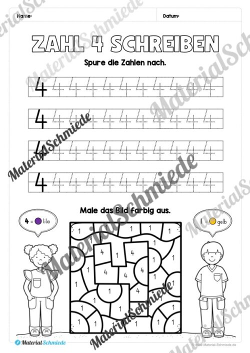 Arbeitsheft: Zahl 4 schreiben lernen (20 Arbeitsblätter) - Arbeitsblatt 08