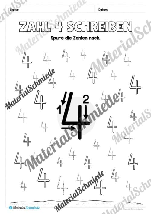 Arbeitsheft: Zahl 4 schreiben lernen (20 Arbeitsblätter) - Arbeitsblatt 09