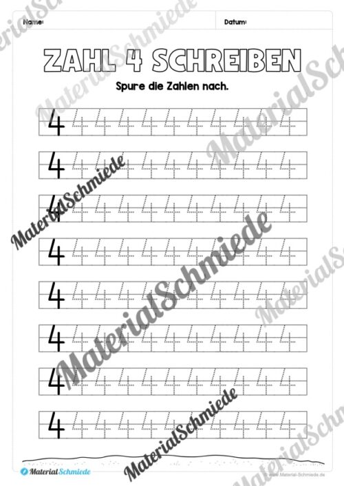 Arbeitsheft: Zahl 4 schreiben lernen (20 Arbeitsblätter) - Arbeitsblatt 10