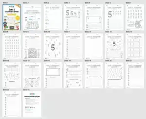 Arbeitsheft: Zahl 5 schreiben lernen (20 Arbeitsblätter) – Überblick Arbeitsheft: Zahl 5 schreiben lernen (20 Arbeitsblätter) – Überblick