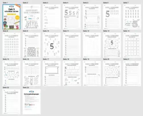 Arbeitsheft: Zahl 5 schreiben lernen (20 Arbeitsblätter) - Überblick