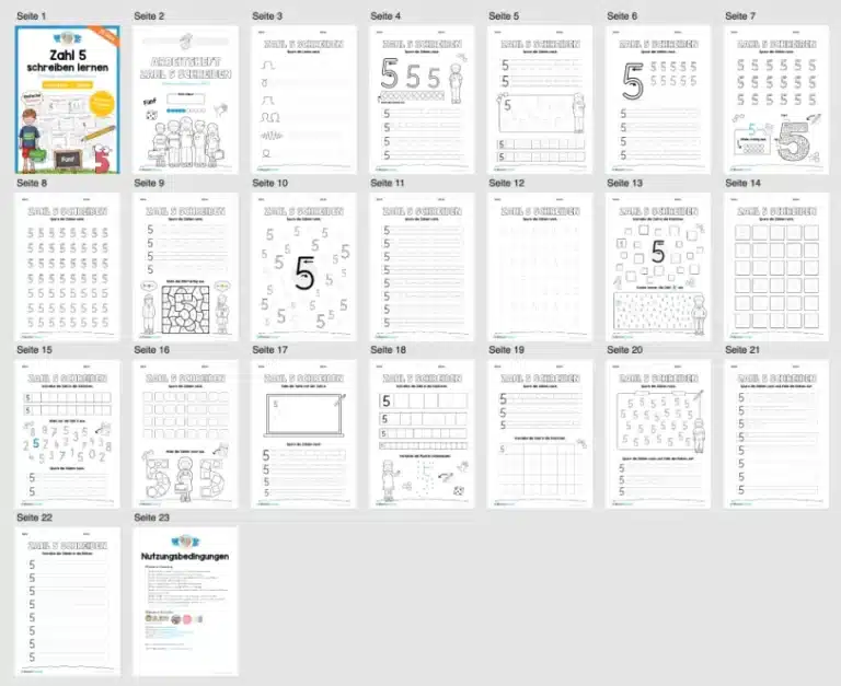 Arbeitsheft: Zahl 5 schreiben lernen (20 Arbeitsblätter) – Überblick Arbeitsheft: Zahl 5 schreiben lernen (20 Arbeitsblätter) – Überblick