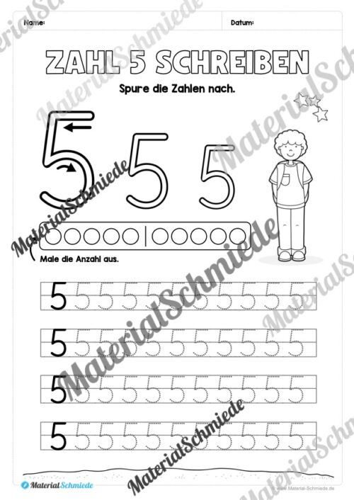 Arbeitsheft: Zahl 5 schreiben lernen (20 Arbeitsblätter) - Arbeitsblatt 03