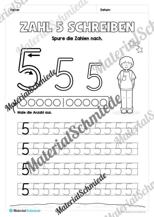 Arbeitsheft: Zahl 5 schreiben lernen (20 Arbeitsblätter) – Arbeitsblatt 03 Arbeitsheft: Zahl 5 schreiben lernen (20 Arbeitsblätter) – Arbeitsblatt 03