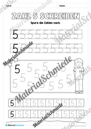 Arbeitsheft: Zahl 5 schreiben lernen (20 Arbeitsblätter) – Arbeitsblatt 04 Arbeitsheft: Zahl 5 schreiben lernen (20 Arbeitsblätter) – Arbeitsblatt 04