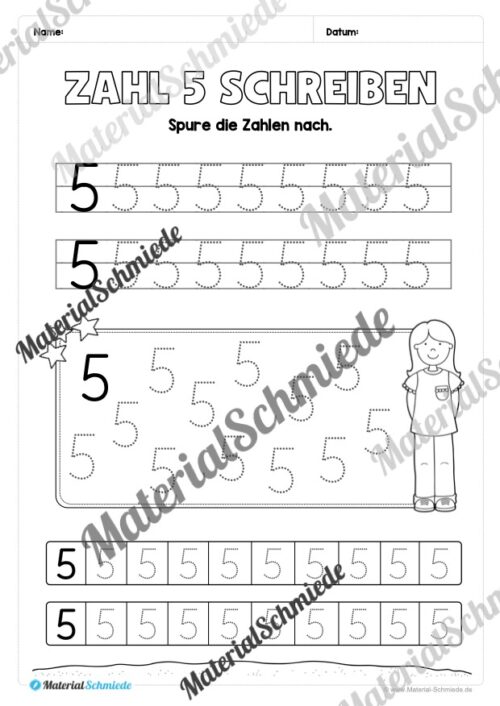 Arbeitsheft: Zahl 5 schreiben lernen (20 Arbeitsblätter) - Arbeitsblatt 04