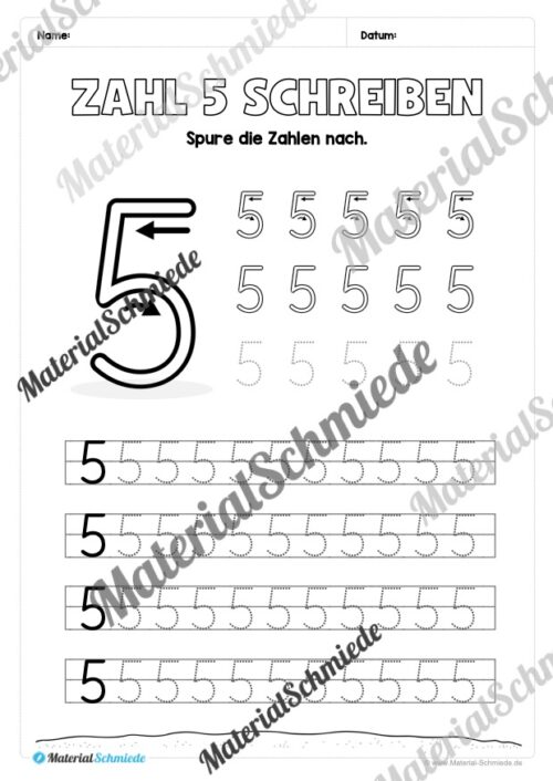 Arbeitsheft: Zahl 5 schreiben lernen (20 Arbeitsblätter) - Arbeitsblatt 05