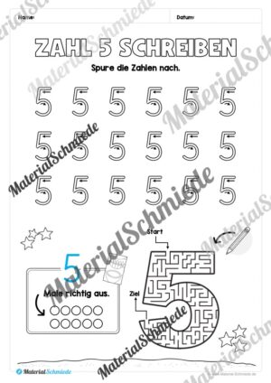 Arbeitsheft: Zahl 5 schreiben lernen (20 Arbeitsblätter) – Arbeitsblatt 06 Arbeitsheft: Zahl 5 schreiben lernen (20 Arbeitsblätter) – Arbeitsblatt 06