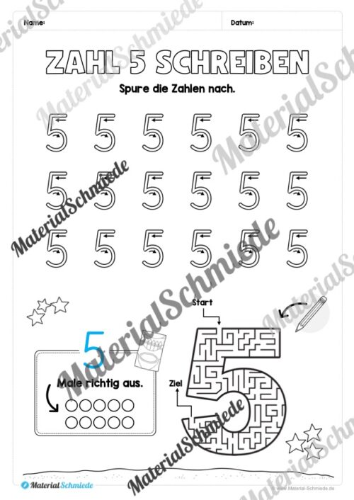 Arbeitsheft: Zahl 5 schreiben lernen (20 Arbeitsblätter) - Arbeitsblatt 06