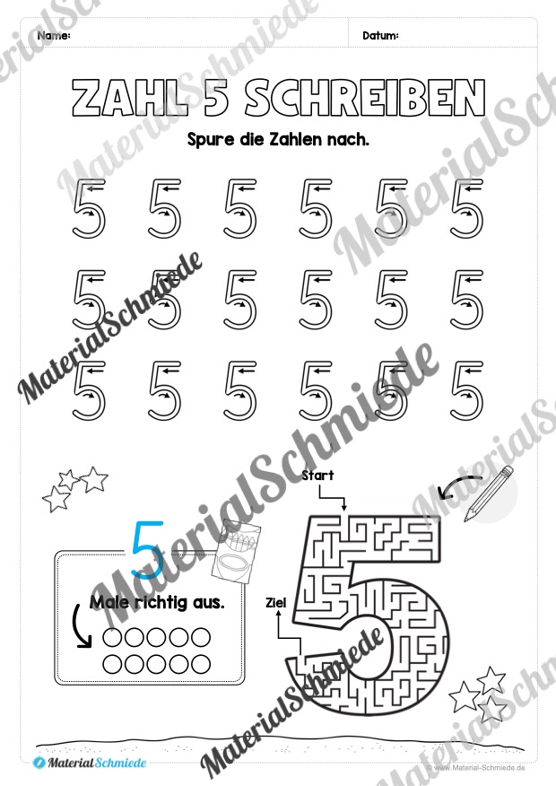 Arbeitsheft: Zahl 5 schreiben lernen (20 Arbeitsblätter) – Arbeitsblatt 06 Arbeitsheft: Zahl 5 schreiben lernen (20 Arbeitsblätter) – Arbeitsblatt 06